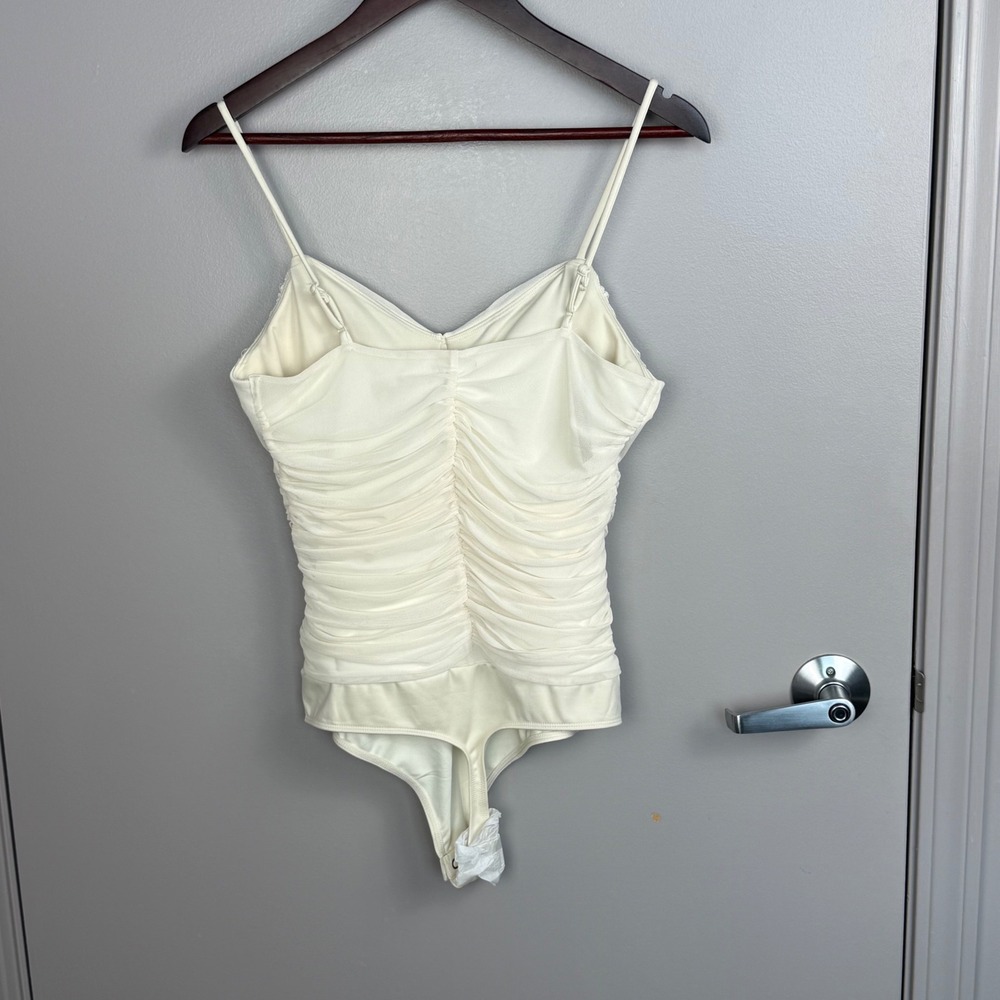Express Body Contour Bodysuit Women's Large White Ruched Mesh Strappy - Picture 2 of 10